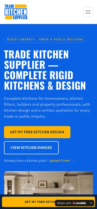 Trade Kitchen Supplier homepage displayed on a mobile screen