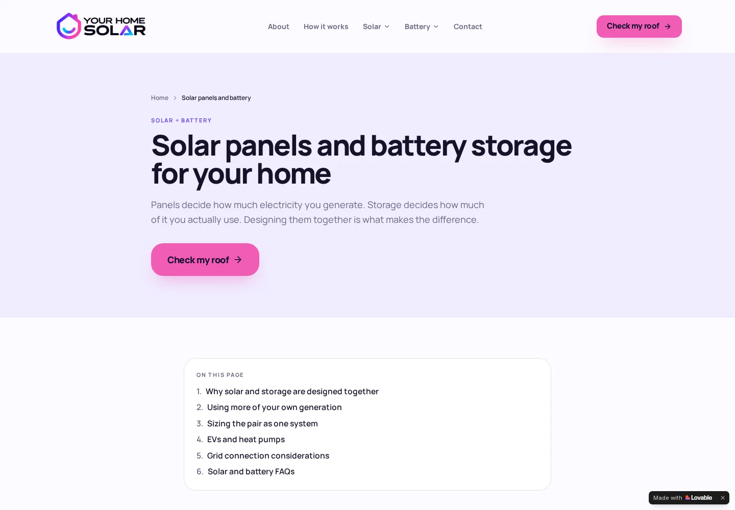 Your Home Solar solar panels and battery storage service page