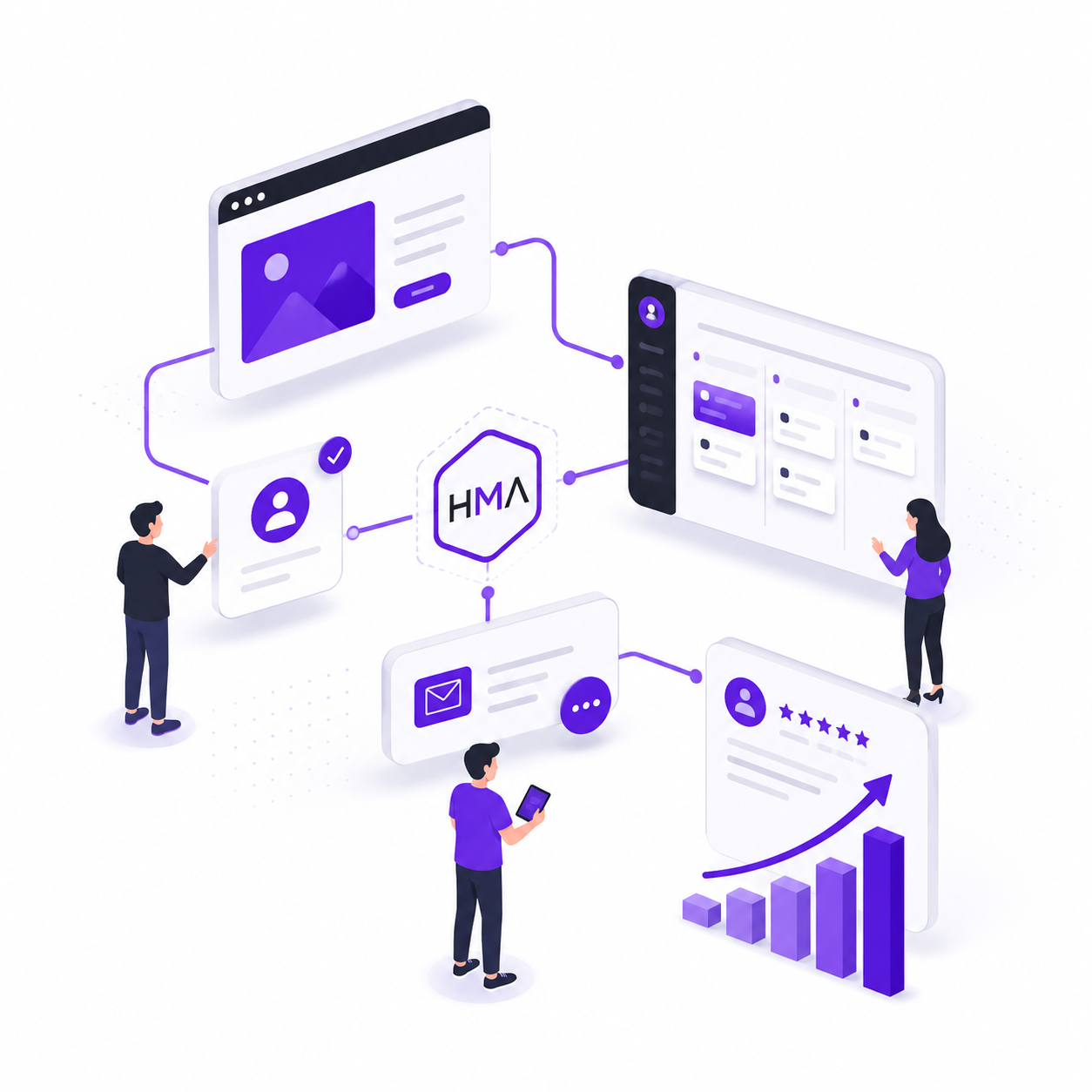 Illustration of a team moving work along an automated process