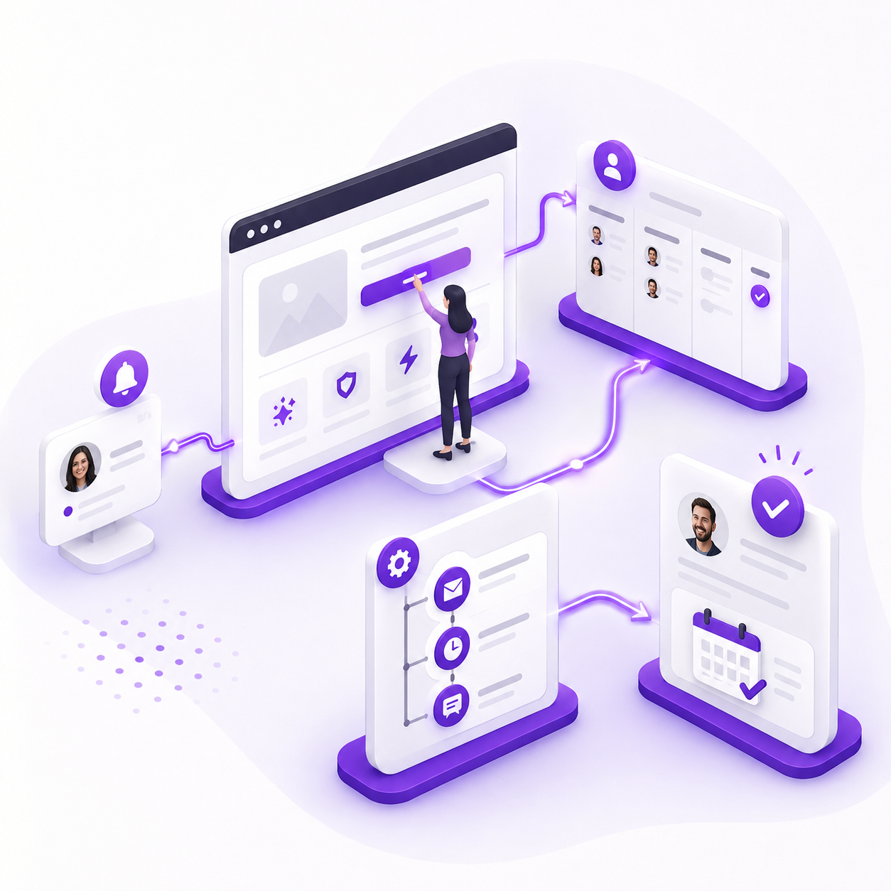 Illustration of automated workflows, app windows and connected business processes